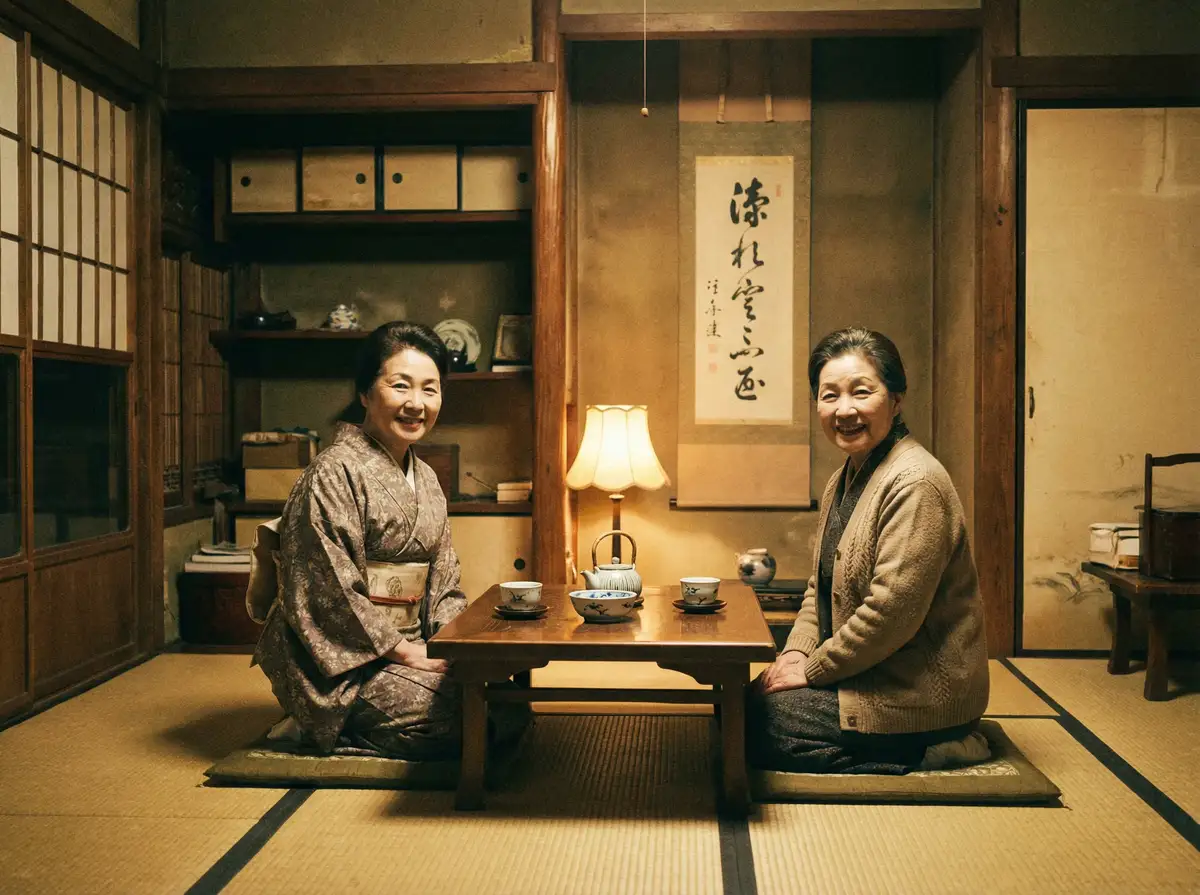 两位优雅的 b站必看的片 在日式茶室中品茶交谈
